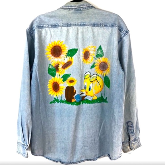 VIntage Tweety Bird Sunflower Painted Denim Shirt